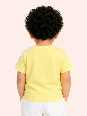 BloomUp Boys Travel Appliqué Cotton T-Shirt – Lemon Yellow Casual Half Sleeve Tee for Toddlers