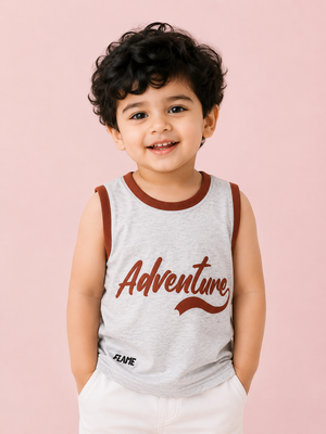 Boys Gray Adventure Print Sleeveless Tank Top Kidswear Cotton Stylish BloomUp