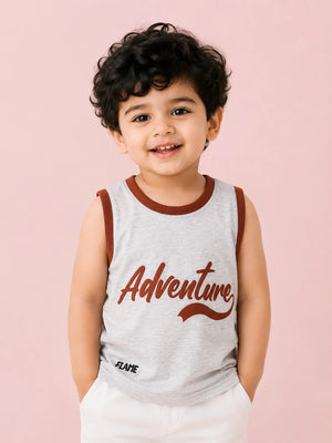 BloomUp Boys Adventure Graphic Sleeveless T-Shirt – Grey Cotton Casual Tank Top for Kids