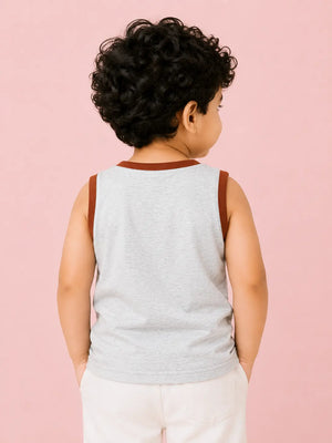 BloomUp Boys Adventure Graphic Sleeveless T-Shirt – Grey Cotton Casual Tank Top for Kids
