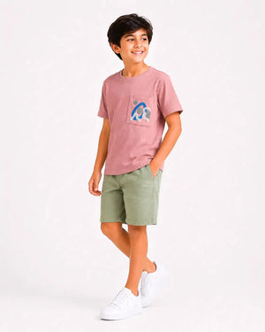 BloomUp Boys Pink Abstract Pocket Detail Cotton T-Shirt – Casual Half Sleeve Tee for Kids