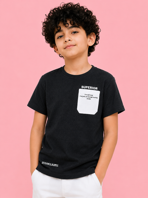 Boys Black Textured Cotton T-Shirt ā Superior Pocket Detail Casual Half Sleeve Tee BloomUp