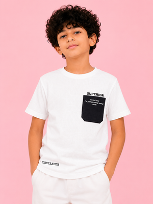 Boys White Textured Cotton T-Shirt – Superior Pocket Detail Casual Half Sleeve Tee BloomUp