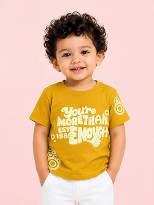 BloomUp Boys Mustard Typography Graphic Cotton T-Shirt – Casual Half Sleeve Kids Tee