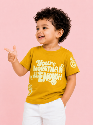 Boys Mustard Typography Graphic Cotton T-Shirt – Casual Half Sleeve Kids Tee BloomUp