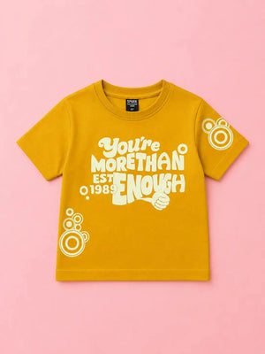 BloomUp Boys Mustard Typography Graphic Cotton T-Shirt – Casual Half Sleeve Kids Tee