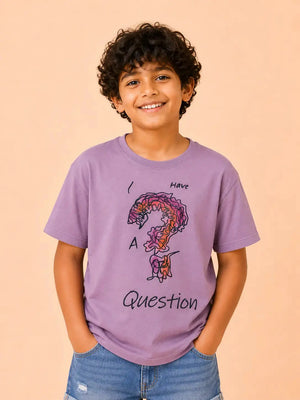BloomUp Boys “I Have A Question” Graphic Cotton T-Shirt – Lavender Casual Half Sleeve Tee for Kids