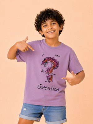 Boys “I Have A Question” Graphic Cotton T-Shirt – Lavender Casual Half Sleeve Tee for Kids BloomUp