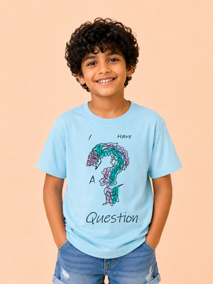 Boys “I Have A Question” Graphic Cotton T-Shirt – Sky Blue Casual Half Sleeve Tee for Kids BloomUp