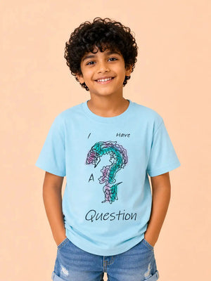 BloomUp Boys “I Have A Question” Graphic Cotton T-Shirt – Sky Blue Casual Half Sleeve Tee for Kids