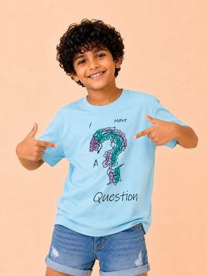 Boys “I Have A Question” Graphic Cotton T-Shirt – Sky Blue Casual Half Sleeve Tee for Kids BloomUp
