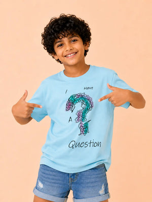 BloomUp Boys “I Have A Question” Graphic Cotton T-Shirt – Sky Blue Casual Half Sleeve Tee for Kids