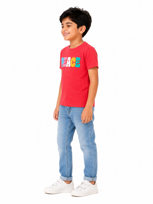 Boys Red “PEACE” Towel Embroidery T-Shirt – Casual Cotton Half Sleeve Tee for Kids BloomUp