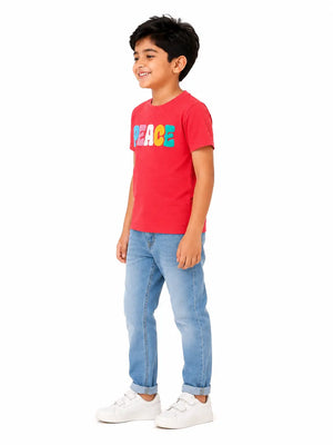 BloomUp Boys Red “PEACE” Towel Embroidery T-Shirt – Casual Cotton Half Sleeve Tee for Kids