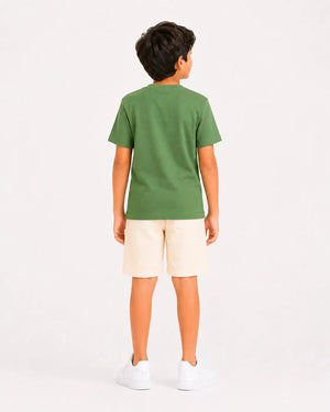 BloomUp Boys Green “PEACE” Towel Embroidery T-Shirt – Casual Cotton Half Sleeve Tee for Kids