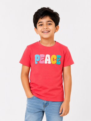 Boys Red “PEACE” Towel Embroidery T-Shirt – Casual Cotton Half Sleeve Tee for Kids BloomUp
