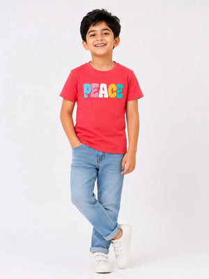 BloomUp Boys Red “PEACE” Towel Embroidery T-Shirt – Casual Cotton Half Sleeve Tee for Kids