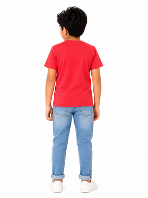 Boys Red “PEACE” Towel Embroidery T-Shirt – Casual Cotton Half Sleeve Tee for Kids BloomUp