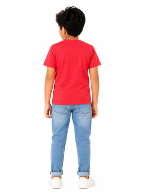 BloomUp Boys Red “PEACE” Towel Embroidery T-Shirt – Casual Cotton Half Sleeve Tee for Kids