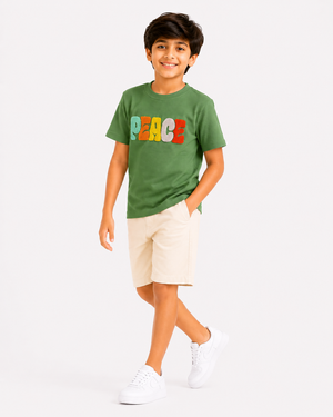 Boys Green “PEACE” Towel Embroidery T-Shirt – Casual Cotton Half Sleeve Tee for Kids BloomUp