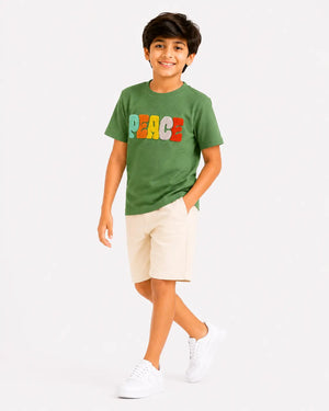 BloomUp Boys Green “PEACE” Towel Embroidery T-Shirt – Casual Cotton Half Sleeve Tee for Kids
