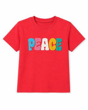 BloomUp Boys Red “PEACE” Towel Embroidery T-Shirt – Casual Cotton Half Sleeve Tee for Kids