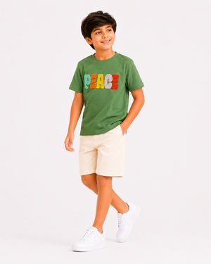 Boys Green “PEACE” Towel Embroidery T-Shirt – Casual Cotton Half Sleeve Tee for Kids BloomUp