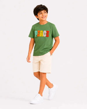 BloomUp Boys Green “PEACE” Towel Embroidery T-Shirt – Casual Cotton Half Sleeve Tee for Kids