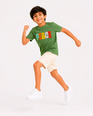 BloomUp Boys Green “PEACE” Towel Embroidery T-Shirt – Casual Cotton Half Sleeve Tee for Kids