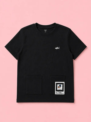 BloomUp Boys Black Textured Cotton T-Shirt – Casual Pocket Detail Half Sleeve Tee for Kids