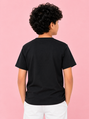 Boys Black Textured Cotton T-Shirt – Casual Pocket Detail Half Sleeve Tee for Kids BloomUp