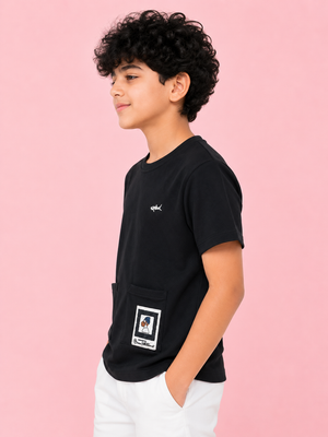 Boys Black Textured Cotton T-Shirt – Casual Pocket Detail Half Sleeve Tee for Kids BloomUp