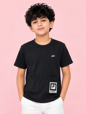 Boys Black Textured Cotton T-Shirt – Casual Pocket Detail Half Sleeve Tee for Kids BloomUp