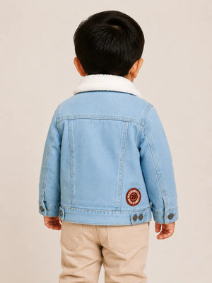 BloomUp Light Blue Denim Fur Collar Jacket for Kids – Premium Winter Wear Warm Cotton Denim Jacket
