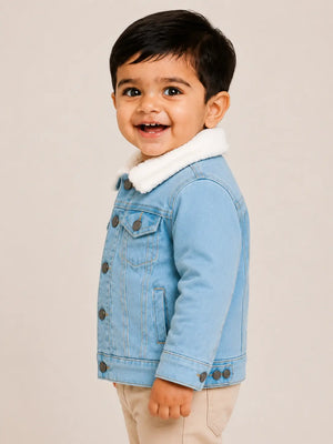 BloomUp Light Blue Denim Fur Collar Jacket for Kids – Premium Winter Wear Warm Cotton Denim Jacket