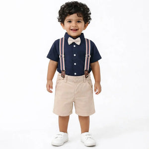 Navy Blue Shirt & Beige Shorts Co-ord Set with Bow Tie & Suspenders – Premium Party Wear for Boys BloomUp
