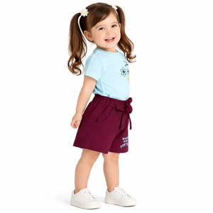 Sky Blue Graphic Top & Maroon Shorts Co-ord Set for Girls – Soft Cotton Summer Wear Kids Outfit BloomUp