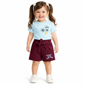 Sky Blue Graphic Top & Maroon Shorts Co-ord Set for Girls – Soft Cotton Summer Wear Kids Outfit BloomUp