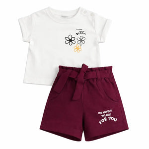 White Graphic Top & Maroon Shorts Co-ord Set for Girls – Soft Cotton Summer Wear Kids Outfit BloomUp