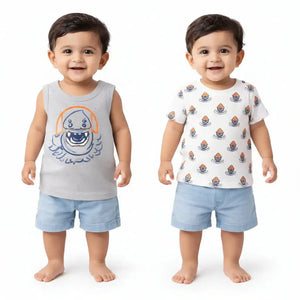 BloomUp Grey Shark Print Sleeveless Tank Top & All-Over Graphic Kids T-Shirt Combo – Soft Cotton Summer Wear for Boys