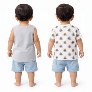 BloomUp Grey Shark Print Sleeveless Tank Top & All-Over Graphic Kids T-Shirt Combo – Soft Cotton Summer Wear for Boys