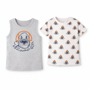 Grey Shark Print Sleeveless Tank Top & All-Over Graphic Kids T-Shirt Combo – Soft Cotton Summer Wear for Boys BloomUp