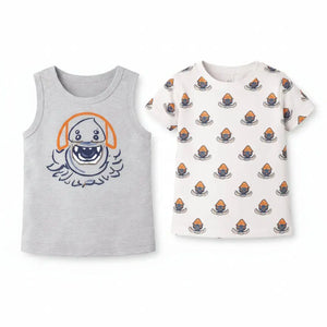 BloomUp Grey Shark Print Sleeveless Tank Top & All-Over Graphic Kids T-Shirt Combo – Soft Cotton Summer Wear for Boys