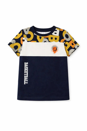 Navy Blue Colorblock Basketball Graphic Kids T-Shirt – Soft Cotton Sporty Summer Wear for Boys BloomUp