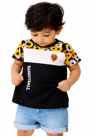 Black Colorblock Basketball Graphic Kids T-Shirt – Soft Cotton Sporty Summer Wear for Boys BloomUp