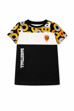 Black Colorblock Basketball Graphic Kids T-Shirt – Soft Cotton Sporty Summer Wear for Boys BloomUp