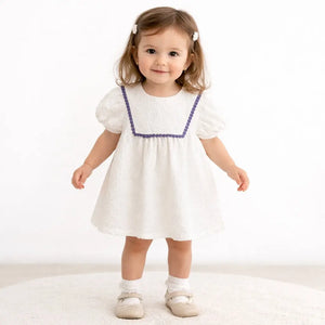 Off White Textured Kids Dress with Purple Lace Detail – Soft Cotton Summer Wear for Girls BloomUp