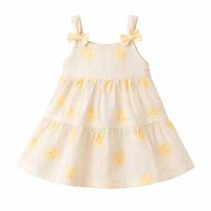 Cream Yellow Sun Print Tiered Kids Dress – Soft Cotton Summer Wear for Girls BloomUp