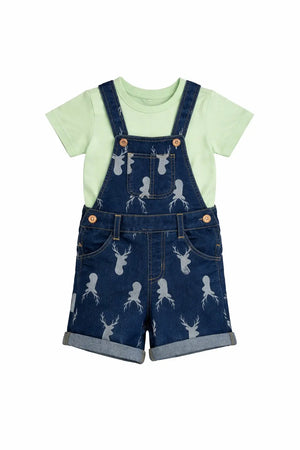 Denim Printed Dungaree Shorts Set with T-Shirt – Soft Cotton Summer Wear for Boys BloomUp