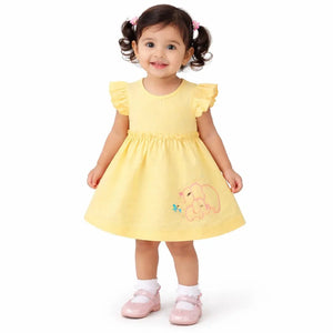 Sunshine Yellow Elephant Embroidered Cotton Dress – Soft Summer Wear for Baby Girls BloomUp